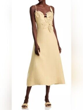 FARM Rio Olive/Sand Color Flower  A-Line Linen Midi Dress